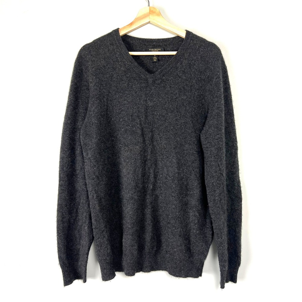 Club Room Luxury Mens M 100% Cashmere V-Neck Sweater Charcoal Grey Office Preppy